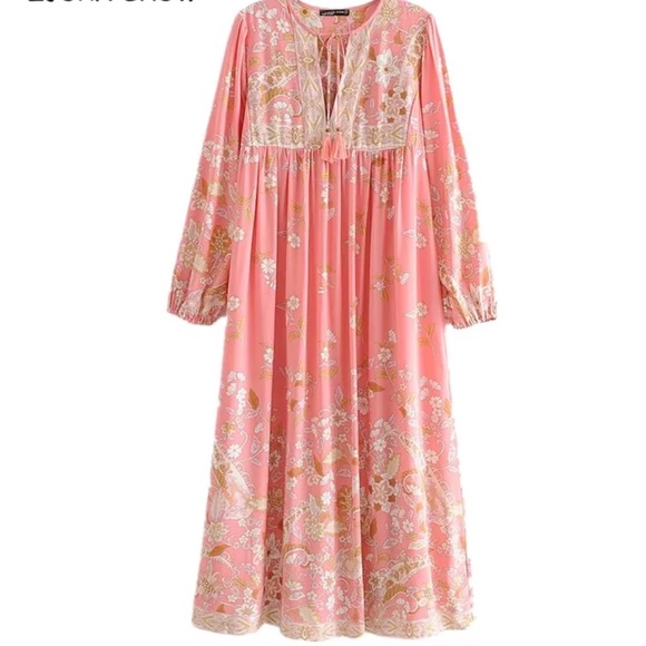 Boho Gypsy Hendrix Floral Pink Peasant Dress Gown hippie free spirit bohemian L - Picture 2 of 14